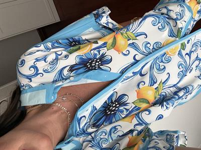 Limon & Mavili Desenli Özel Kumaş Gömlek Palazzo Takım