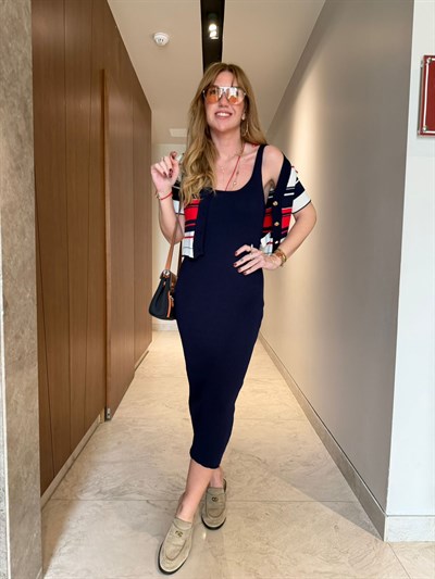 Kırmızı Çizgili , Lacivert , Elbise & Triko Takım