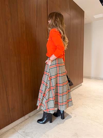 Gold Deri Kemerli , Turuncu & Acıkahve Ekoseli , Premium Çan Etek