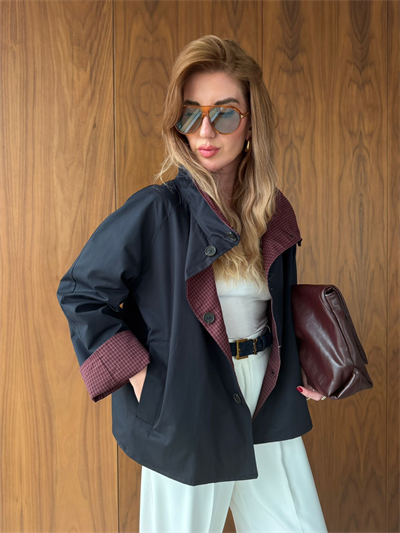 İçi Ekose Astarlı , Çift Taraflı , Lacivert Trençkot