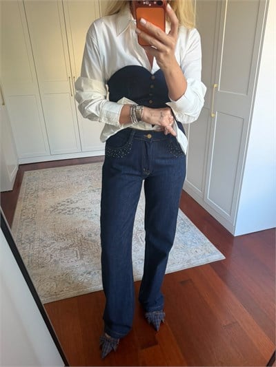 Cebi Taş İşlemeli , Koyu Lacivert , Tencel Jean Pantolon