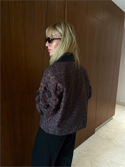 Leopar Desenli , Boncuk Nakışlı , Bomber Ceket