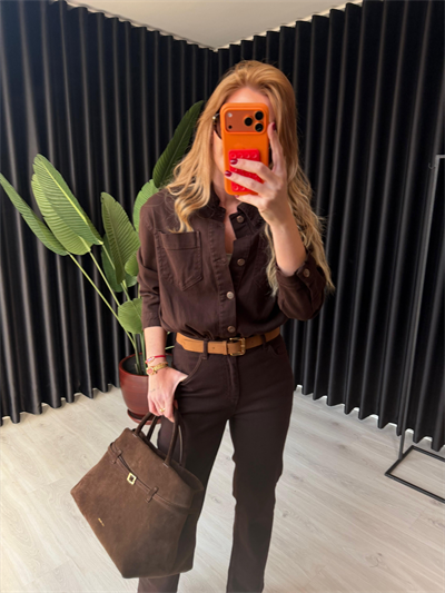 Süet Kemerli, Beli Lastikli, Likralı Acıkahve Premium Tulum