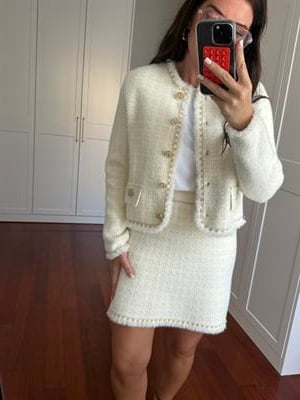 Parıltı Geçişli Ekru Triko Premium Tüvit Etek