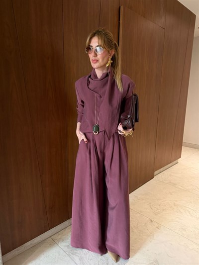 Mürdüm, Orijinal Model Fular Yakalı Gömlek & Pantalon Premium Tencel Takım