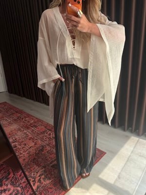 Premium, Renkli Çizgili Kahve Tiril Pantalon