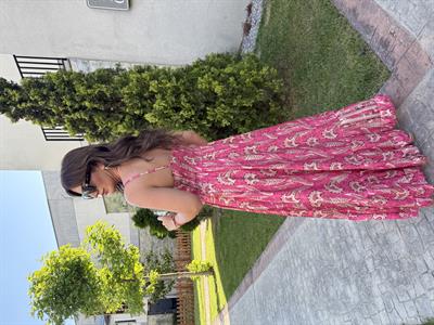 Belden Bağlamalı , Askılı , Pembe Şal Desenli , İthal Elbise