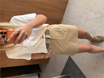 Ekose Detaylı, Yandan Cepli Bej Etek