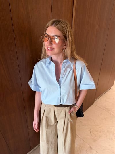 %100 Cotton , Kısa Kollu , Bebe Mavisi Poplin Gömlek