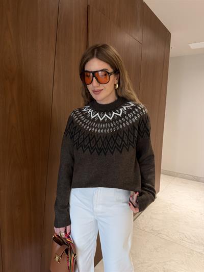 Bisiklet Yaka , Ajurlu Acıkahve Triko