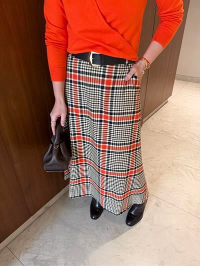 Gold Deri Kemerli , Turuncu & Acıkahve Ekoseli , Premium Çan Etek