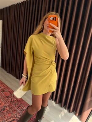 Orijinal Model , Asimetrik , Kısa Kollu , Yağ Yeşili Pelerin Elbise