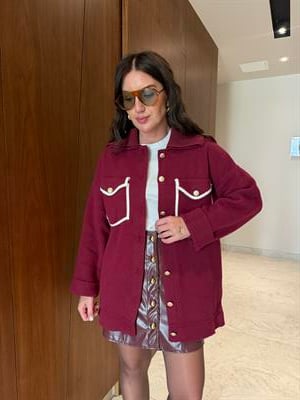 Gold Düğmeli , Çıkarılabilir Yakalı , Bordo , Kaşe Triko Ceket