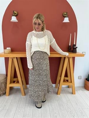 Asimetrik Kesim , Leopar Desenli , Pamuk Saten Etek