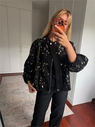 Pul Payet İşlemeli , Siyah , Premium Gabardin Ceket
