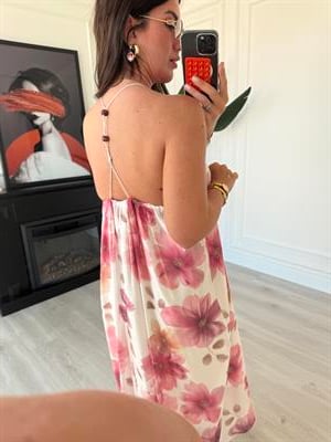 Pembe Pastel Çiçek Desenli , İnce İp Askılı , Premium Elbise