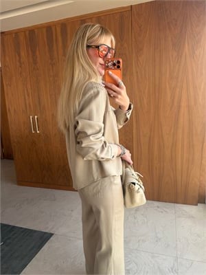 Orijinal Model , Bej , Serpme Taşlı , Yumuşacık Gabardin Jean Takım