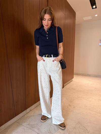 Orijinal Model , Premium Kalite , Full Taş İşlemeli , Ekru Jean Pantolon