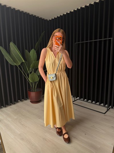 Orijinal Model , Deri Yaka Detaylı , Sarı Elbise