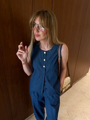 %100 Cotton Tencel , Baggy Pantolon & Yelek Bluz Jean Takım