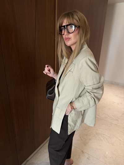 %100 Keten , Bej Blazer Ceket
