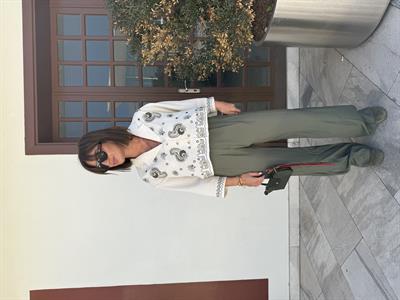 Önden Düğmeli , Haki İşlemeli , Ayna Pullu , Tasarım Gömlek