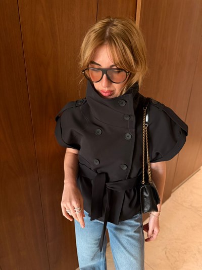 Kısa Kollu , Dik Yaka , Siyah Trençkot