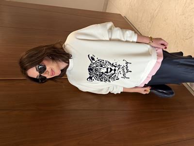 T-shirt Detaylı , Leopar Desenli , Ekru Sweatshirt
