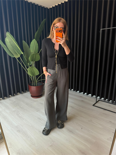 Antrasit Premium Tok Tencel Kumaş, Paçası Düğme Detaylı Pantalon 