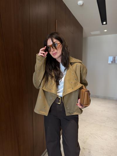 Kuş Gözü Detaylı , Taba , Premium Süet Ceket