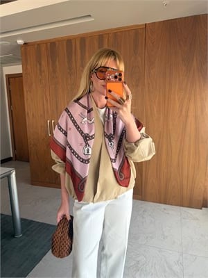 Saten Fularlı, Bej Premium Bomber Trenç