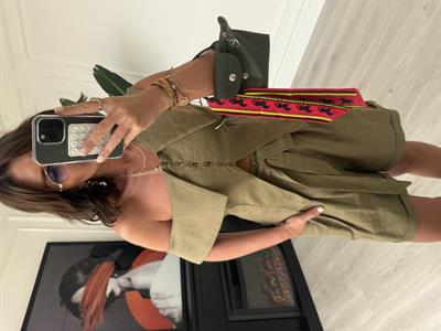 Omuz Dekolteli Haki Tasarım Keten Takım