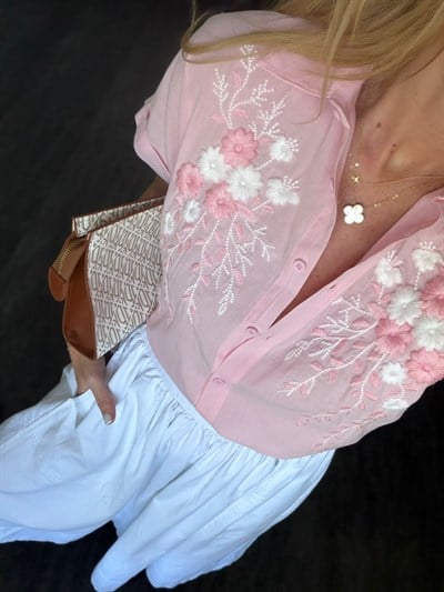 %100 Cotton , Çiçek Nakışlı Pembe Gömlek 