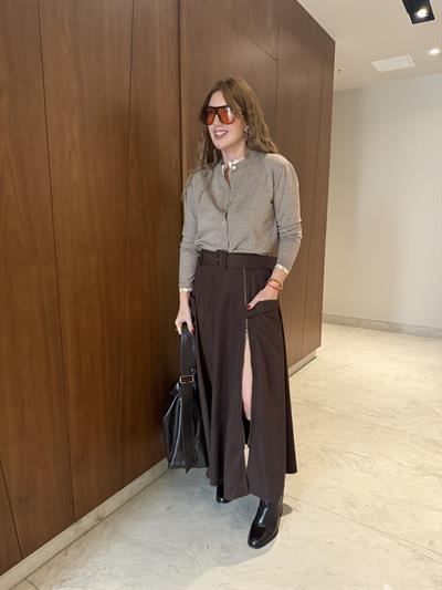 Orijinal Model , Fermuar Yırtmaçlı , Acıkahve Kemerli Etek