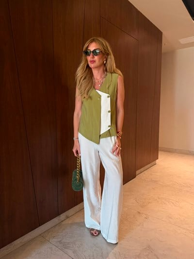 Orijinal Model , Tasarım Düğme Detaylı , Yağ Yeşili & Ekru , Tencel Takım