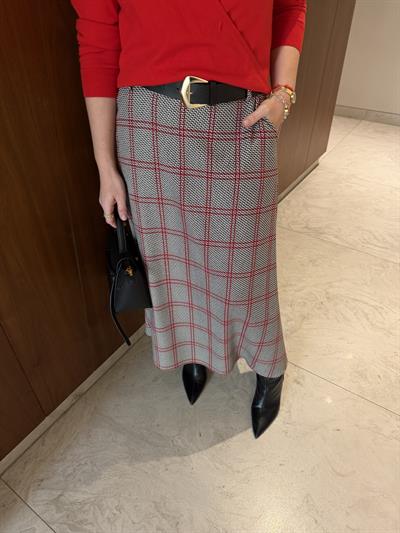 Gold Deri Kemerli , Kırmızı & Siyah Ekoseli , Premium Çan Etek