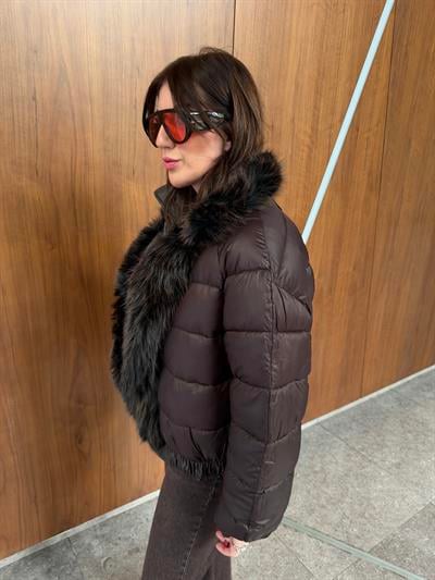 Çift Taraflı , Yakası Çıkarılabilir Kürklü , İthal Acıkahve Mont