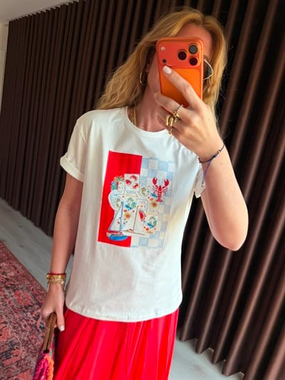 Orijinal Marka , Yengeç Motifli , Taşlı Ekru T-shirt