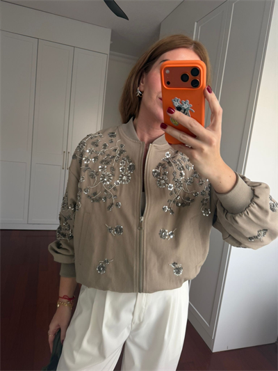 Kristal Taş İşlemeli Premium Vizon Bomber Ceket