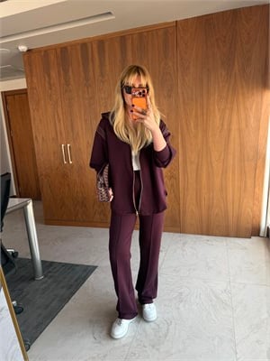 Bordo Orijinal Model Boncuk Şeritli Premium Modal Elşofman Takımı