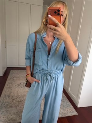 %100 Cotton , Tencel , Gömlek & Beli Lastikli Pantolon , Buz Mavisi Premium Takım