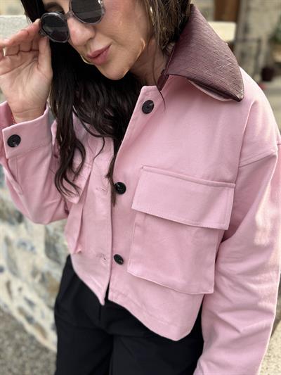 Orijinal Model , Bordo Deri Yakalı, Pembe Ceket