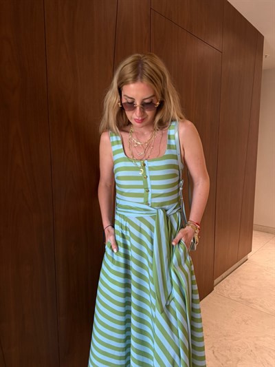 Orijinal Model , Yeşil & Mavi Çizgili , Kuşaklı Elbise