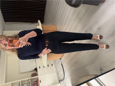 Kemerli, Lacivert , Likralı Baggy Jean Pantolon