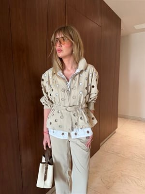Orijinal Model , Kuş Gözü Detaylı , Kemerli , Bej Poplin Takım