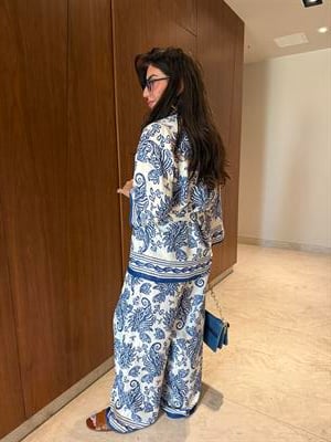 Mavi Desenli , Pantolon & Gömlek , Saten Takım
