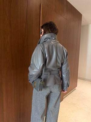 Kuşaklı , Gri , Premium Deri Ceket