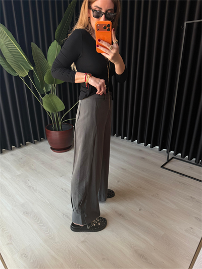 Antrasit Premium Tok Tencel Kumaş, Paçası Düğme Detaylı Pantalon 