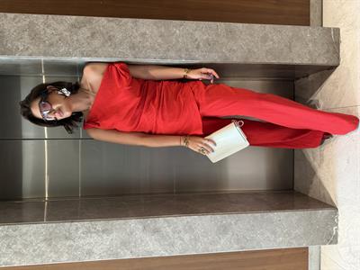 Kırmızı , Premium Keten , Çapraz Omuzlu , Pantolon & Bluz Takım