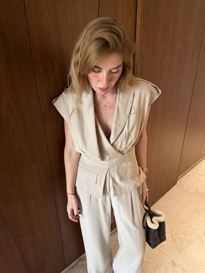 Beli Kuşaklı , Bej , Yelek & Pantolon Takım